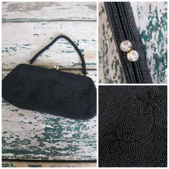 1960's Black Beaded Clutch Bag// Floral// Change Purse// 