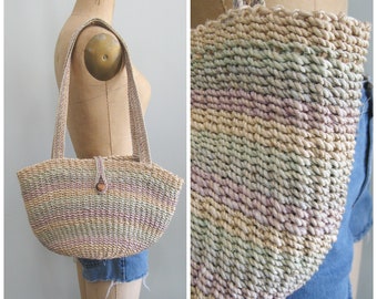Vintage Lavender Rainbow Sisal Tote Bag. 1970's
