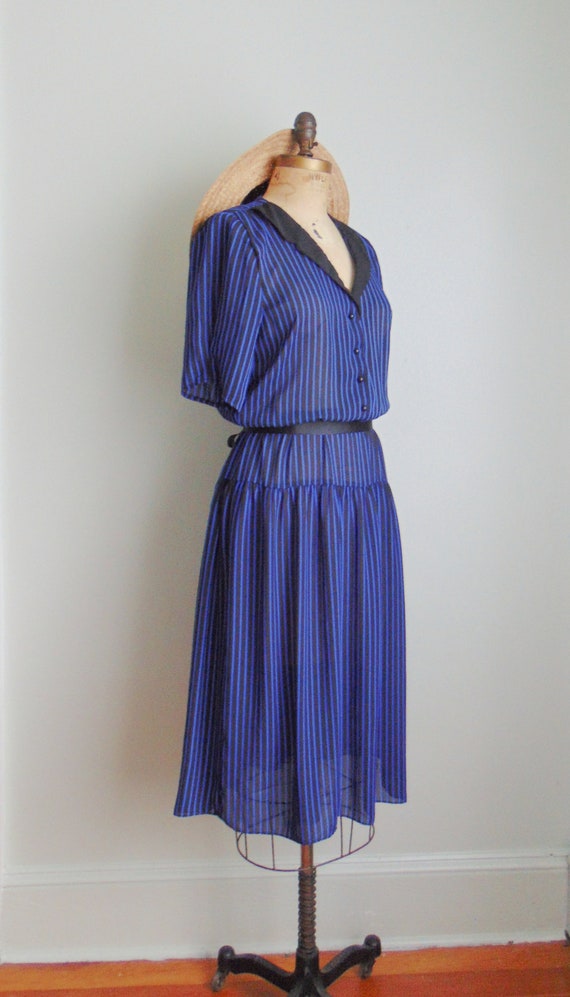 Vintage 1980's Blue Black Stripe Sheer Dress. Mij… - image 3