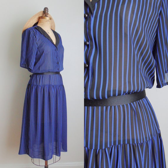 Vintage 1980's Blue Black Stripe Sheer Dress. Mij… - image 1