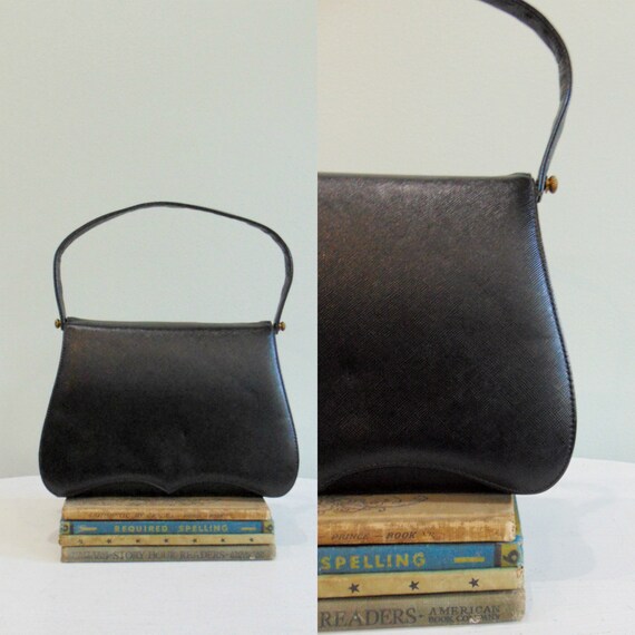 Vintage Black Handbag / 1950's / 1960's / Saffiano