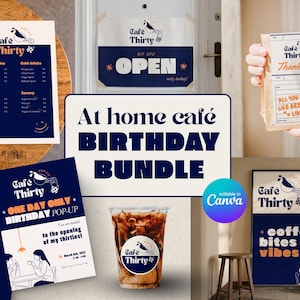 Könnte beinhalten: Ein digitales Design-Paket für ein Cafe Thirty Pop-up-Event, bestehend aus Menü, Türschild, Tütenaufkleber, Einladung und Postern. Die Grafiken verwenden ein Farbschema in Marineblau, Weiß und Orange mit dem Text Cafe Thirty.