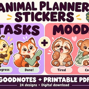 Puede incluir: Pegatinas digitales de animales con 48 PNG, 24 diseños y PDF imprimibles. Incluye ilustraciones de una abeja con lápiz, un zorro con marca de verificación, un perezoso cansado y un oso acogedor. Texto: ANIMAL PLANNER STICKERS, TASKS, MOODS, In progress, Done!, Tired, Cosy, GOODNOTES + PRINTABLE PDFS.