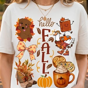 Hola otoño PNG, Ganso con botas sublimado, Cachorro de otoño entre hojas gráfico, Café rollo de canela, Coqueta lazo de amante de los libros de otoño