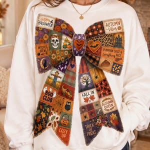 Lazo de Halloween PNG, Lazo coqueto de otoño por sublimación, Gráfico de cinta patchwork espeluznante, Diseño de camiseta con lazo de calabaza especiada de otoño