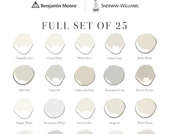 Benjamin Moore + Sherwin Williams Best Whites, Neutrals, Hale Navy Kendall Charcoal, Chelsea Gray, Van Deusen Blue, Flint- SET of 25