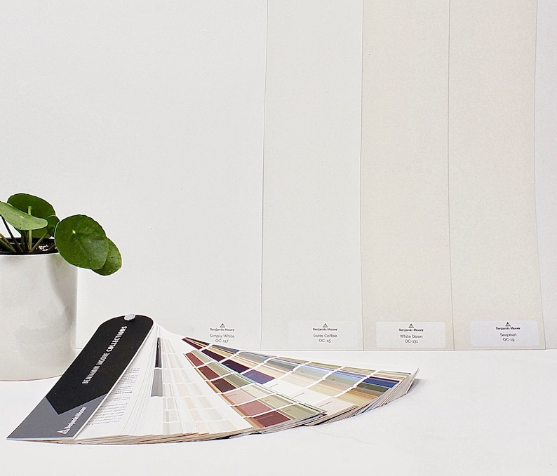 Pode incluir: Um leque de cores de tinta com uma variedade de cores de tinta brancas. O leque est&aacute; aberto e mostra os diferentes tons de branco. As cores s&atilde;o etiquetadas com seus nomes e n&uacute;meros. O leque est&aacute; sobre uma superf&iacute;cie branca.