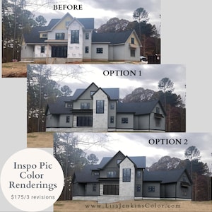 Pode incluir: Três imagens de uma casa, mostrando o exterior antes e depois da pintura. A primeira imagem mostra a casa em seu estado original. A segunda imagem mostra a casa pintada de cinza claro com detalhes em preto. A terceira imagem mostra a casa pintada de cinza escuro com detalhes em preto. O texto "Inspo Pic Color Renderings $175/3 revisions" é visível na imagem.