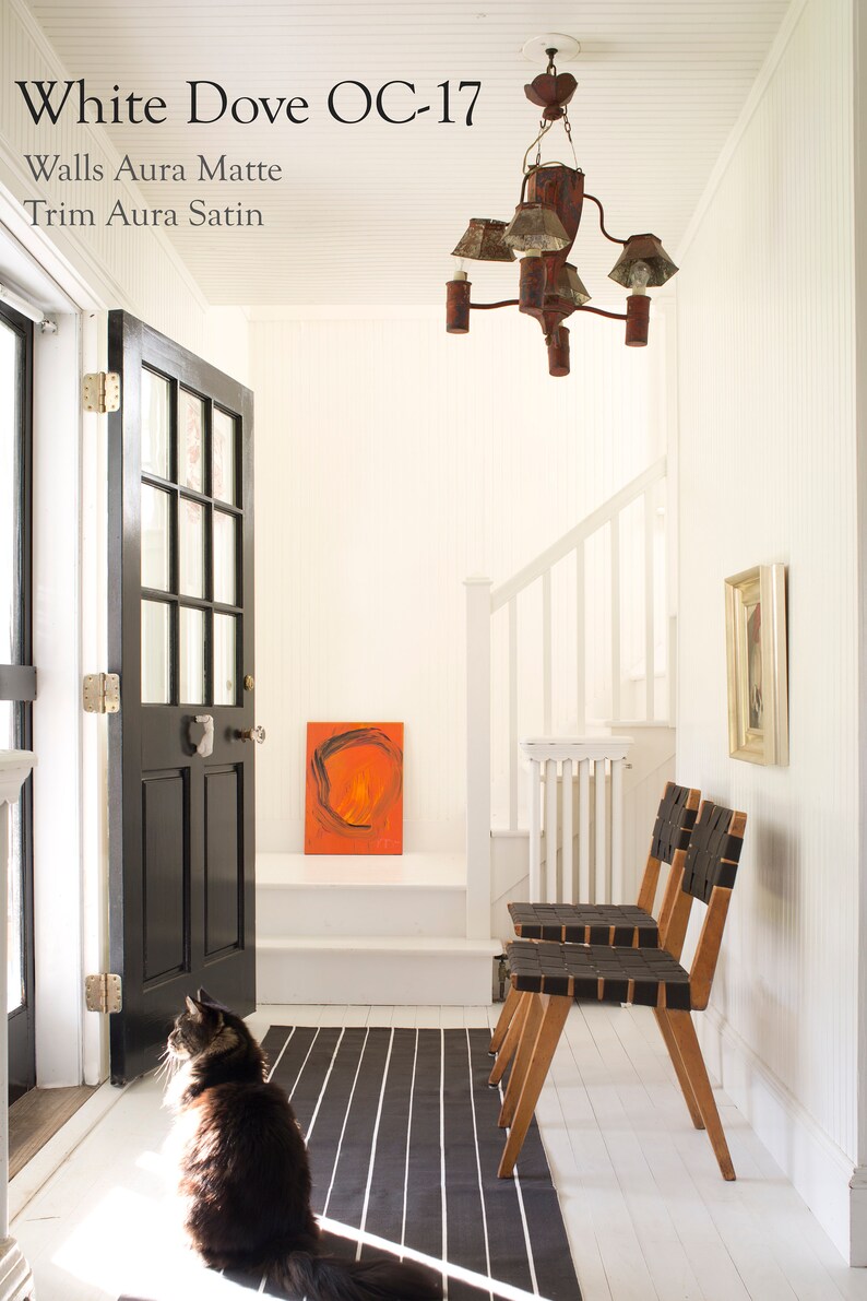 Pode incluir: Um corredor branco com uma porta preta, um tapete listrado preto e branco e duas cadeiras de madeira com assentos tecidos pretos. As paredes s&atilde;o pintadas de "White Dove OC-17" com acabamento fosco e o rodap&eacute; &eacute; pintado de "Aura Satin".