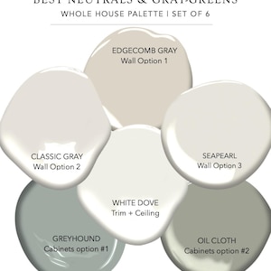 May include: A color palette from Benjamin Moore featuring six neutral and gray-green paint colors. The palette includes Edgecomb Gray, Classic Gray, Seapearl, White Dove, Greyhound, and Oil Cloth. Text on the image reads "BEST NEUTRALS & GRAY-GREENS".