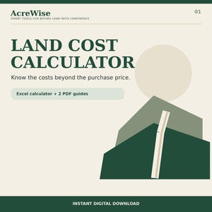 Könnte beinhalten: Eine digitale Grafik für einen AcreWise Landkostenrechner mit dem Text: AcreWise, Smart tools for buying land with confidence, Land Cost Calculator, Know the costs beyond the purchase price, Excel calculator + 2 PDF guides, 01, Instant digital download.