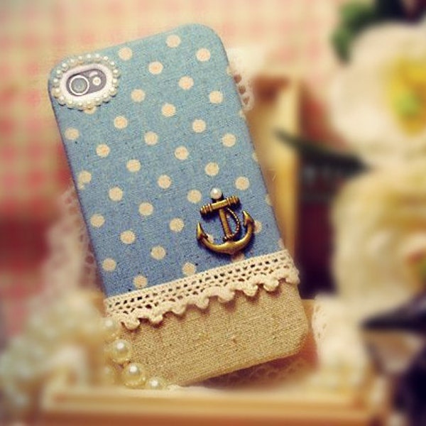 Linen iPhone 4 case, iPhone 4s case, iPhone case, case for iPhone 4 - Anchor on blue polka