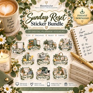 May include: A digital sticker bundle titled Sunday Reset Sticker Bundle featuring 50 planner stickers with themes like Meal Prep, Tidy Up, Self Care Sunday, Hydrate, Make the Bed, Kitchen Reset, Plan Week, Change My Devices, and Budget Check.