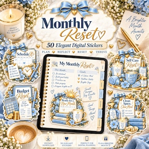 May include: A digital planner set featuring 50 stickers with blue bows, floral accents, and gold details. The collection includes labels for monthly resets, budget tracking, self-care, and cleaning, displayed on a tablet screen with a gold pen.