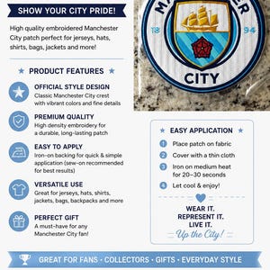 May include: A circular embroidered Manchester City patch featuring a gold ship, a red rose, and the numbers 18 and 94 on a light blue and white background. The text MANCHESTER CITY is arched across the top and bottom of the circular emblem.
