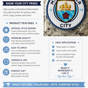 May include: A circular embroidered patch featuring the Manchester City crest with a gold ship, a red rose, and the numbers 18 and 94 in blue and white. The text MANCHESTER CITY is arched around the top and bottom of the circular emblem.