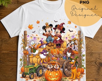 May include: A white t-shirt featuring a colorful graphic of Mickey Mouse, Minnie Mouse, Donald Duck, Daisy Duck, Goofy, and Pluto dressed in autumn attire. The scene includes a green tractor, hay bales, pumpkins, and string lights.