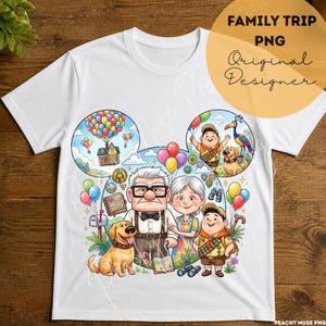 May include: A white t-shirt featuring a colorful graphic of an elderly couple, a young scout, and a golden dog. The design includes a house lifted by balloons, binoculars, and badges arranged in a Mickey Mouse ear shape. The text reads FAMILY TRIP PNG.