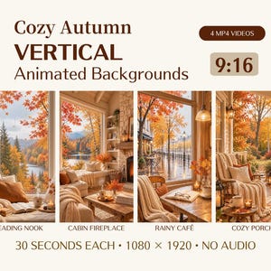 Peut inclure: Un ensemble numérique de quatre arrière-plans animés verticaux intitulés Cozy Autumn Vertical Animated Backgrounds. Le lot comprend des scènes de coin lecture, cheminée de chalet, café pluvieux et porche, chacune de 30 secondes en 1080 x 1920.