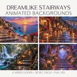 Pode incluir: Uma coleção digital intitulada DREAMLIKE STAIRWAYS ANIMATED BACKGROUNDS apresentando quatro cenas distintas de escadas de pedra com lanternas, flores e água. O texto 4 VIDEO LOOPS 30 SEC EACH FULL HD aparece na parte inferior.