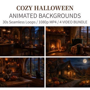 May include: A bundle of four animated video backgrounds featuring Halloween themes, including a cafe, a fireplace room, a kitchen, and a cottage exterior. The text reads COZY HALLOWEEN ANIMATED BACKGROUNDS 30s Seamless Loops / 1080p MP4 / 4 VIDEO BUNDLE.