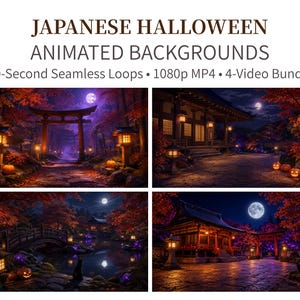 Puede incluir: Un paquete digital de cuatro fondos animados japoneses de Halloween con bucles continuos de 30 segundos en formato MP4 de 1080p. Las escenas muestran arquitectura tradicional, puertas torii, linternas de piedra, follaje y calabazas.