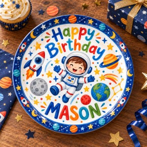 May include: A round ceramic plate featuring a space theme with a central illustration of an astronaut, the text Happy Birthday and the name MASON. The design includes colorful planets, stars, rockets, and a moon against a white background.