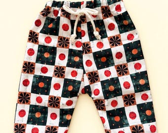 Retro Geometric Kids Pants, Colorful Checkerboard Print, Elastic Waist 3-6 Months Trousers with Gingham Cuffs, One-of-a-kind Rooney Moon
