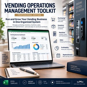 Könnte beinhalten: Eine Vending Operations Management Toolkit Professional Edition Excel-Arbeitsmappe auf einem Laptop-Bildschirm, die ein Dashboard mit Verkaufsdiagrammen, Profitdaten und Lagerbestandsbenachrichtigungen sowie ein Notizbuch, einen Stift und eine Tasse zeigt.