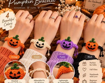 May include: Four crochet pumpkin bracelets in orange, cream, purple, and black. Each bracelet features a central jack-o'-lantern pumpkin with a green stem and black stitched facial features. The bracelets have adjustable cord closures.
