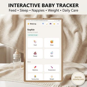 Op de afbeelding: Een interactieve baby-tracker digitale interface genaamd BabyLog op een tabletscherm. Het dashboard toont categorieën voor voeding, slaap, luiers, bad, medicijnen, temperatuur, buiktijd en gewicht met iconen. Tekst bevat INTERACTIVE BABY TRACKER.
