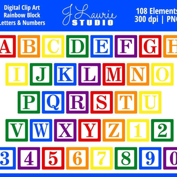 Alphabet numérique lettres Clipart-arc-en-ciel bloc lettres-bébé blocs-numéros-Alphas-Scrapbook-primaire-Invitations-Instant Download Clip Art