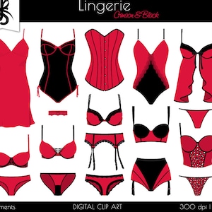 Lingerie Digital Clipart-Boudoir-Crimson-Red-Bachelorette-Valentines-Red Lingerie-Corset-Bustier-Bra-Burlesque-Instant Download Clip Art