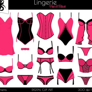 Clipart numérique lingerie-boudoir-rose et noir-Bachelorette-Saint-Valentin-rose vif-lingerie-corset-bustier-soutien-gorge-téléchargement instantané