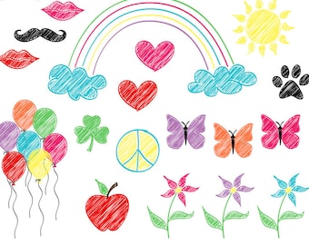 Digital Doodle Clipart-Scribble Graphics-Doodle Hearts-Mustache-Rainbow-Flowers-Spring-Digital Scrapbook Elements-Instant Download Clip Art