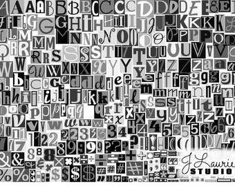 cute homework clipart black and white Digital Magazine Cutout Alphabet-Ransom Note Letters-Numbers-Clipart Alphas-Greyscale-Black and White-Invitations-Instant Download Clip Art