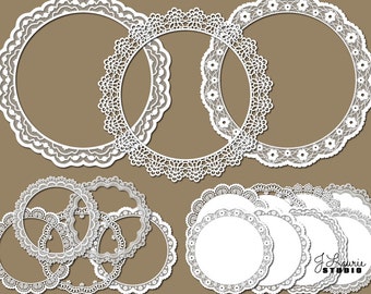 Digital Clipart Frames-Lace-Circles-Doilies-Round Frames-Borders-White Lace-Wedding-Scrapbooking-Invitations-Instant Download Clip Art