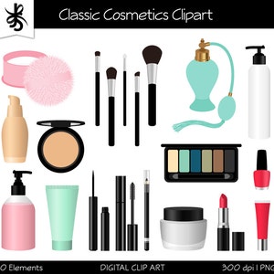 Puede incluir: Un conjunto de 20 im&aacute;genes de clipart de cosm&eacute;ticos cl&aacute;sicos, que incluyen pinceles, maquillaje y botellas de perfume. Las im&aacute;genes est&aacute;n en un estilo de dibujos animados y son perfectas para el scrapbooking digital, la creaci&oacute;n de tarjetas y otros proyectos de manualidades.