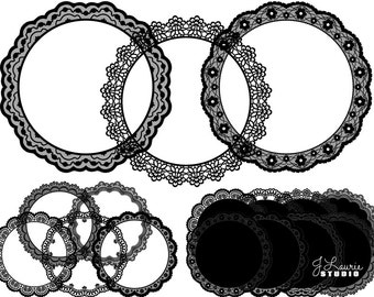 Digital Clipart Frames-Lace-Circles-Doilies-Round Frames-Borders-Black Lace-Wedding-Scrapbooking-Invitations-Instant Download Clip Art