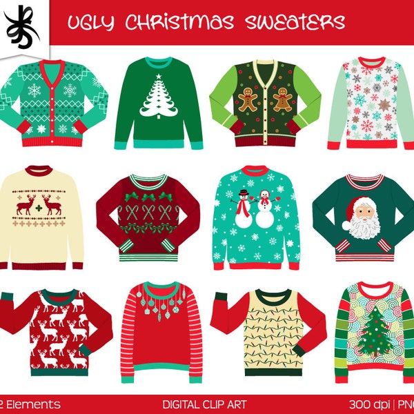 Ugly Christmas Sweater Clipart-Commercial Use-Digital Clip Art Clothes-Tacky Sweater-Holiday-Transparent Background-PNG-Digital Scrapbook