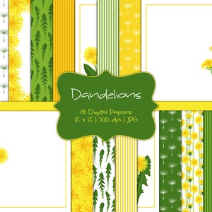 Dandelions-Digital Scrapbook Papers-Commercial Use-Yellow and Green-Stripes-Flowers-Leaves-Backgrounds-JPG-Instant Download Clip Art
