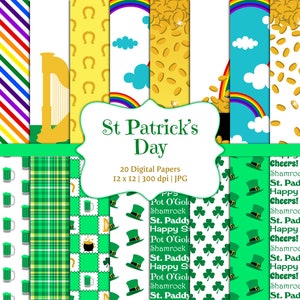 Saint Patrick's Day-Digital Scrapbook Papers-Commercial Use-Patterns-Shamrocks-Clovers-Green-Rainbows-Lucky-Irish-Instant Download Clip Art image 1
