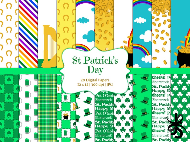 Saint Patrick's Day-Digital Scrapbook Papers-Commercial Use-Patterns-Shamrocks-Clovers-Green-Rainbows-Lucky-Irish-Instant Download Clip Art image 1
