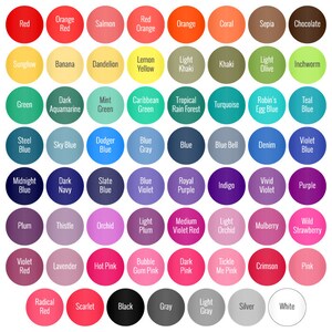 May include: A color chart with 64 different color swatches, each with a name. The colors range from red, orange, yellow, green, blue, purple, pink, and brown.
