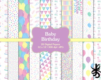 Baby Birthday-Digital Scrapbook Papers-Commercial Use-Pastel Colors-Party-Balloons-Invitations-Gender Neutral-Instant Download Clip Art