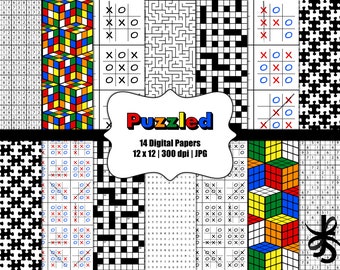 Puzzles-Digital Scrapbook Papers-Commercial Use-Puzzle  Themes-Crossword-Cube-Word Search-Tic Tac Toe-Games-Maze-Instant Download  Clip Art