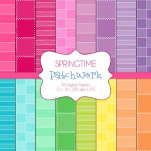 May include: A set of 20 digital papers featuring a patchwork design in a variety of colours, including pink, blue, green, yellow, and orange. The papers are 12 inches by 12 inches and 300 dpi. The text "SPRINGTIME Patchwork" is displayed in a white banner.