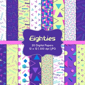 Eighties-Digital Scrapbook Papers-80s-Commercial Use-Geometric Patterns-Retro-Neon-Wallpaper-Printable-Instant Download Clip Art