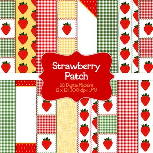 Strawberry Patch-Digital Scrapbook Papers-Commercial Use-Strawberries-Gingham-Patchwork-Fruit-Red-Green-Yellow-JPG-Instant Download Clip Art