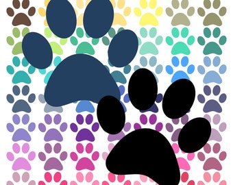May include: 63 colorful paw prints in various shades of blue, green, yellow, orange, red, pink, purple, and gray. The paw prints are arranged in a grid pattern. There are two large black paw prints in the center of the image.